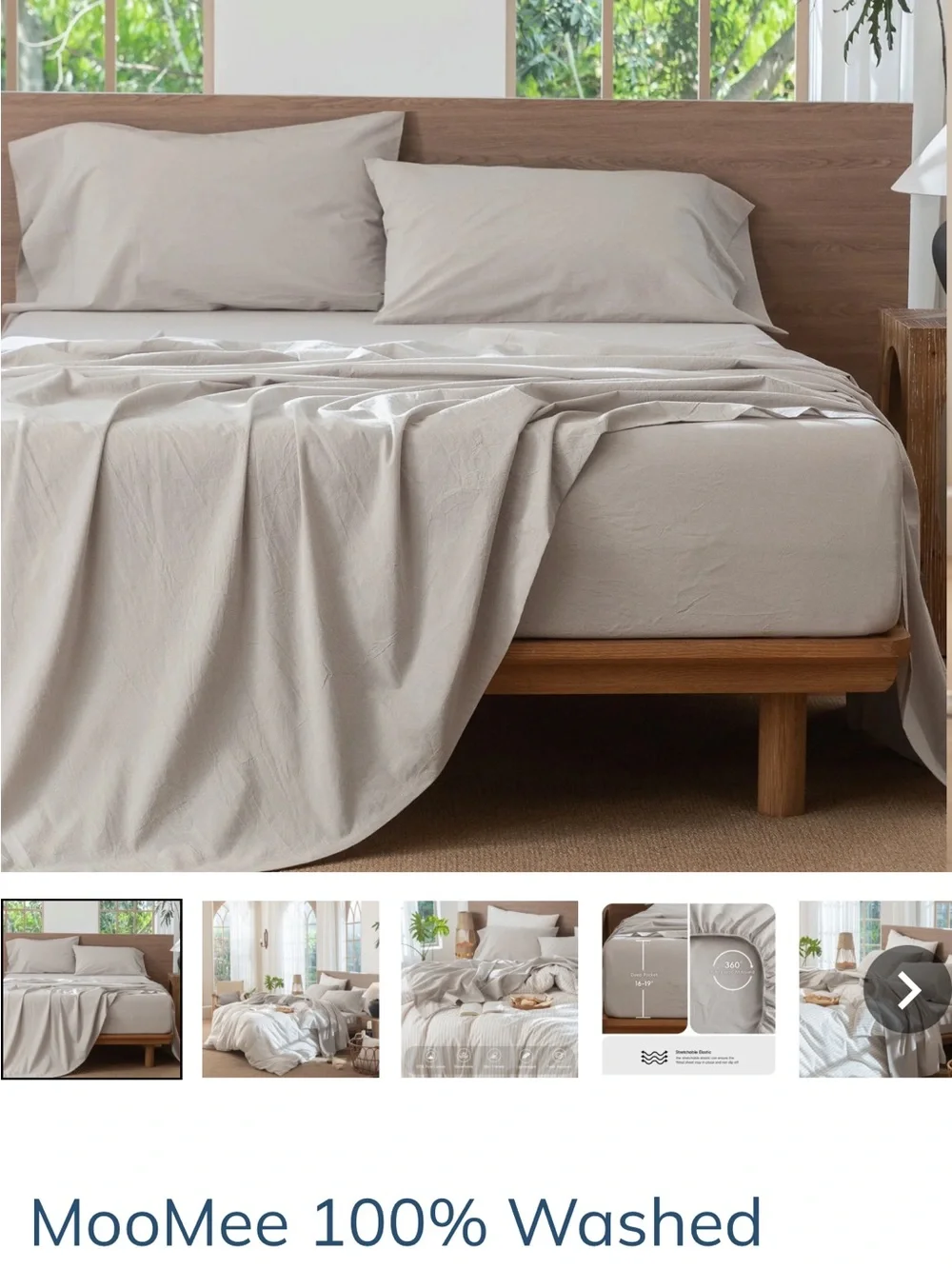 MooMee Queen 100% Washed Cotton Sheet Set Linen Look Taupe Beige